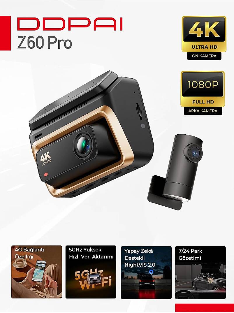 Ddpai Z60 Pro Dual Araç İçi Kamera 4K Ultra HD Gece Görüşü Özelliği ile Gelişmiş Güvenlik - 1