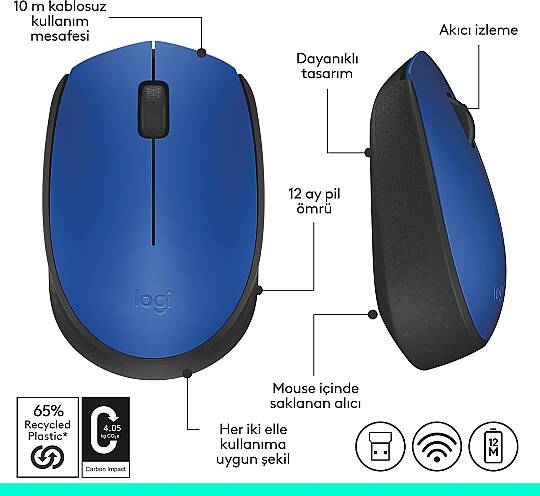 Logitech M171 USB Alıcılı Kablosuz Kompakt Mouse - Mavi - 2