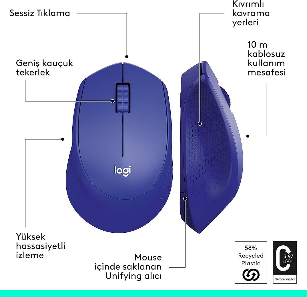 Logitech M330 Sessiz Kablosuz Optik Mouse - Mavi - 3