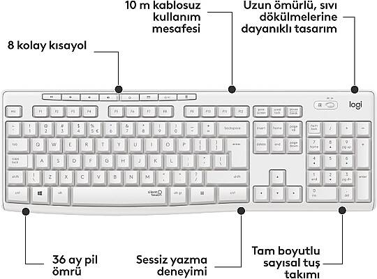 Logitech MK295 Sessiz Kablosuz Türkçe Klavye Mouse Seti - Beyaz - 3