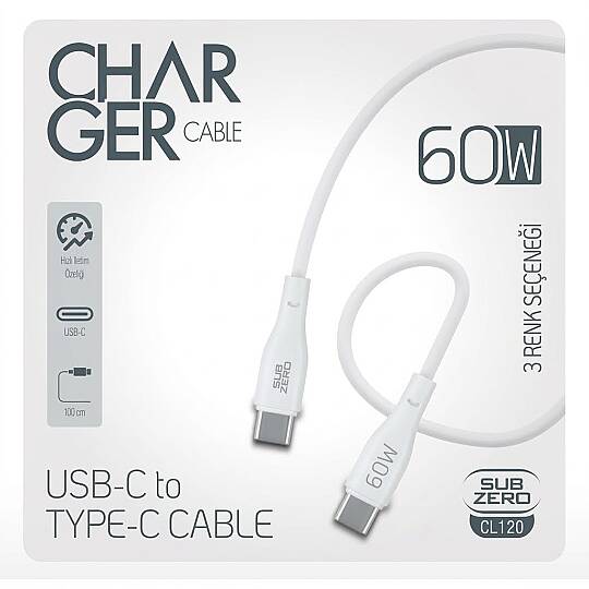 Subzero CL120 60W PD Type-C Type-C Hızlı Şarj Data Kablosu